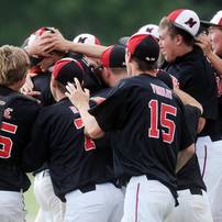 Milan High School baseball players mob their pitcher sophomore Thomas Lindeman as they celebrate beating Coldwater, 1-0, during the MHSAA baseball quarterfinals at Nichols Field at Bailey Park in Battle Creek on Tuesday, June 11, 2013. Melanie Maxwell | AnnArbor.com